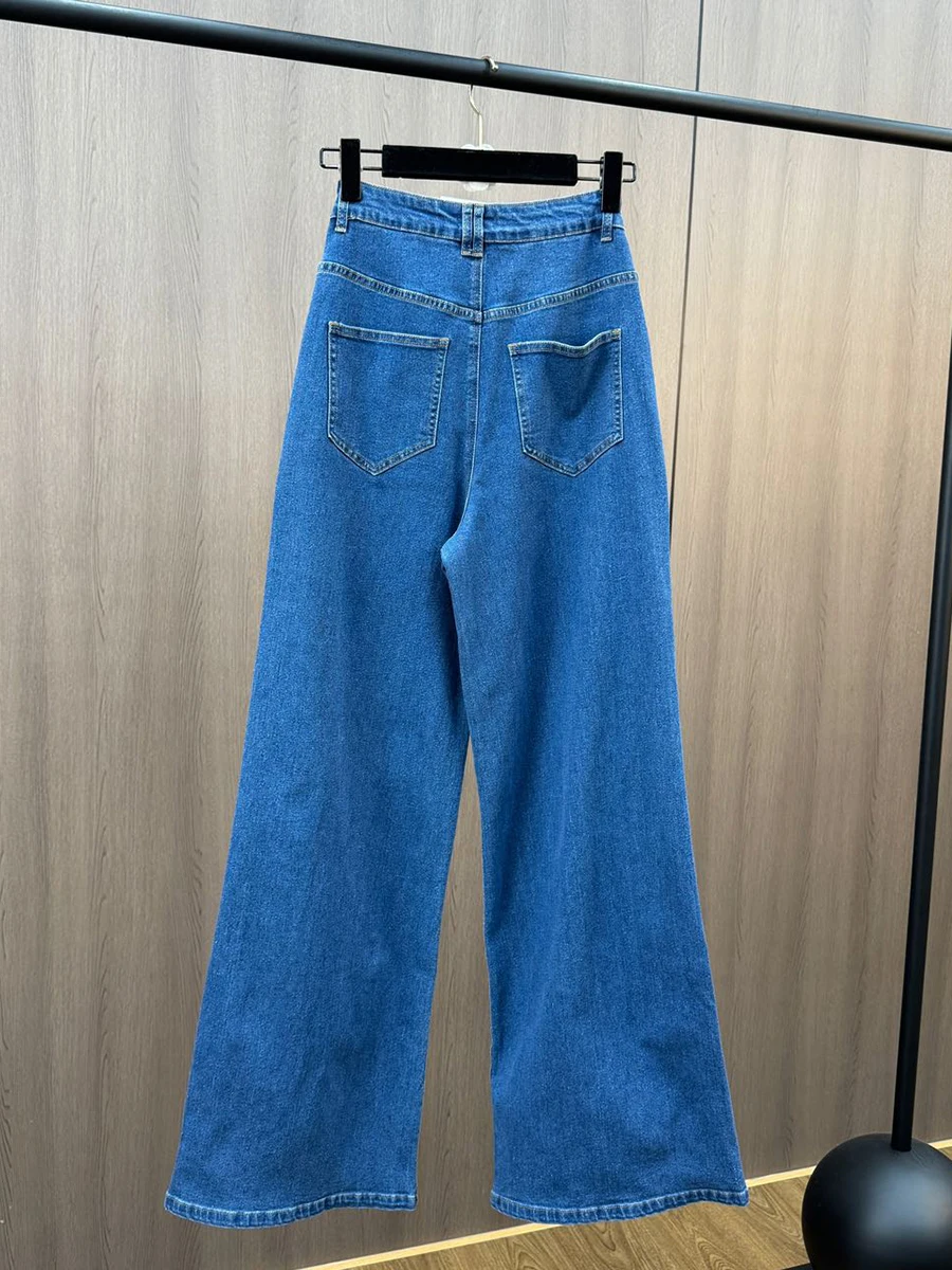 VGH Vintage Solid Patchwork Tassel Chic Denim Pants For Women High Waist Spliced Button Wide Leg Straight Pants Female Fashion