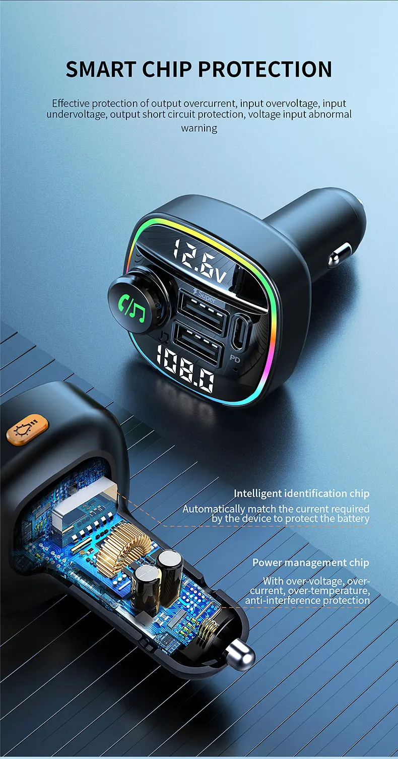 FM Transmitter Bluetooth 5.3 for Car, Hands-Free, 4.5cm Display, 2 USB PD 20W Charger, AUX Input/Output, Audio Receiver