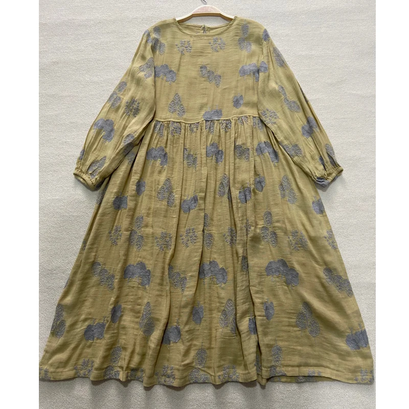 Johnature 2024 Summer New Japanese Linen Embroidery Floral Dress Women Vintage O-neck Loose Solid Color Female Dresses