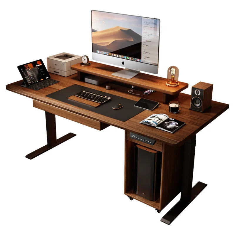 Electric Lifting Table Computer Desk Intelligent Dual Motor Workbench Walnut Color