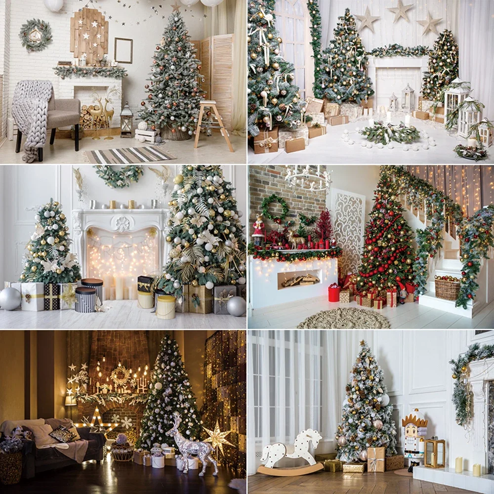 

MOON.QG Christmas Decoration Backdrop Photography Xmas Trees Gifts Fireplace Photocall Background Child Studio Photozone Props