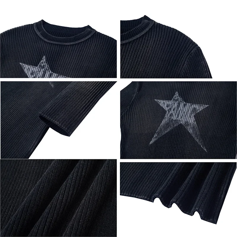 Black Women Pullovers Vintage American Star-print Irregular Retro Vibe Knit Leisure Streetwear Harajuku Sweaters Y2k Students BF