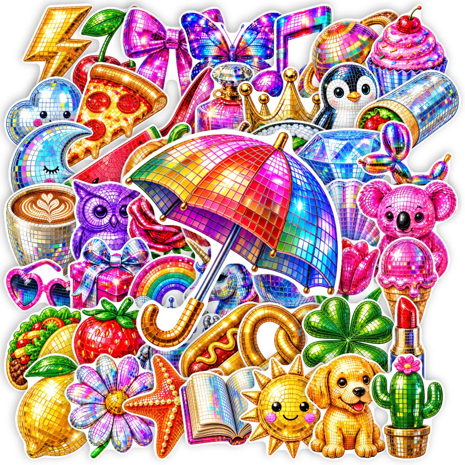 50 PCS Premium Disco Laser Animal Sequin Cartoon Stickers Pack Decorate Skateboard Helmet Motorcycle Phone Waterproof Decals