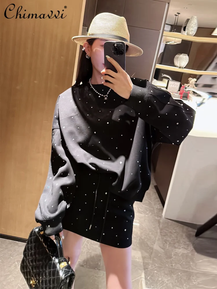 

European Ladies Spring New Fashion Rhinestone Round Neck Loose Sweatshirts Suit Women's Slimming Skirt Casual Two-Piece Sets