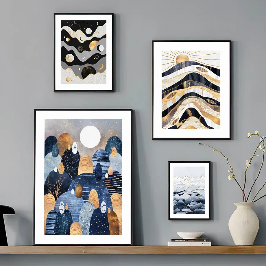 الذهبي الشمس القمر هيل البحر مجردة جدار الفن جدارية قماش اللوحة - غرفة المعيشة الملصقات والمطبوعات الزخرفية #3