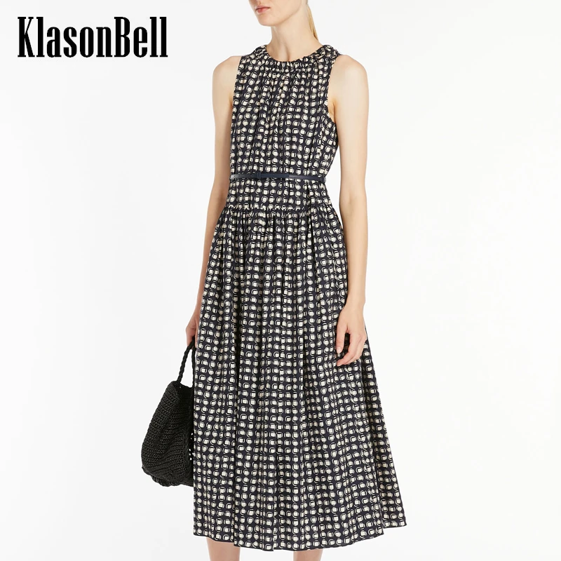 

5.6 KlasonBell Elegant Plaid Print Cotton Comfortable Sleeveless Dress Women O-Neck Pleated With Belt Office Mid-Length Dress