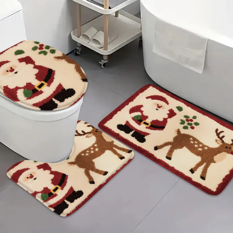 3pcs Christmas deer bathroom flannel carpet  U-shaped foot mat bathtub absorbent anti slip mat toilet lid mat bathroom door mat