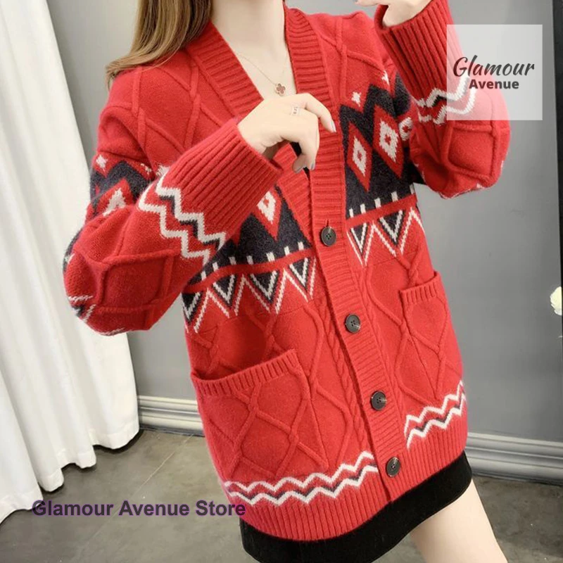

French plus size lazy wind geometric jacquard knit cardigan women's autumn and winter new fashion loose V-neck sweater coat