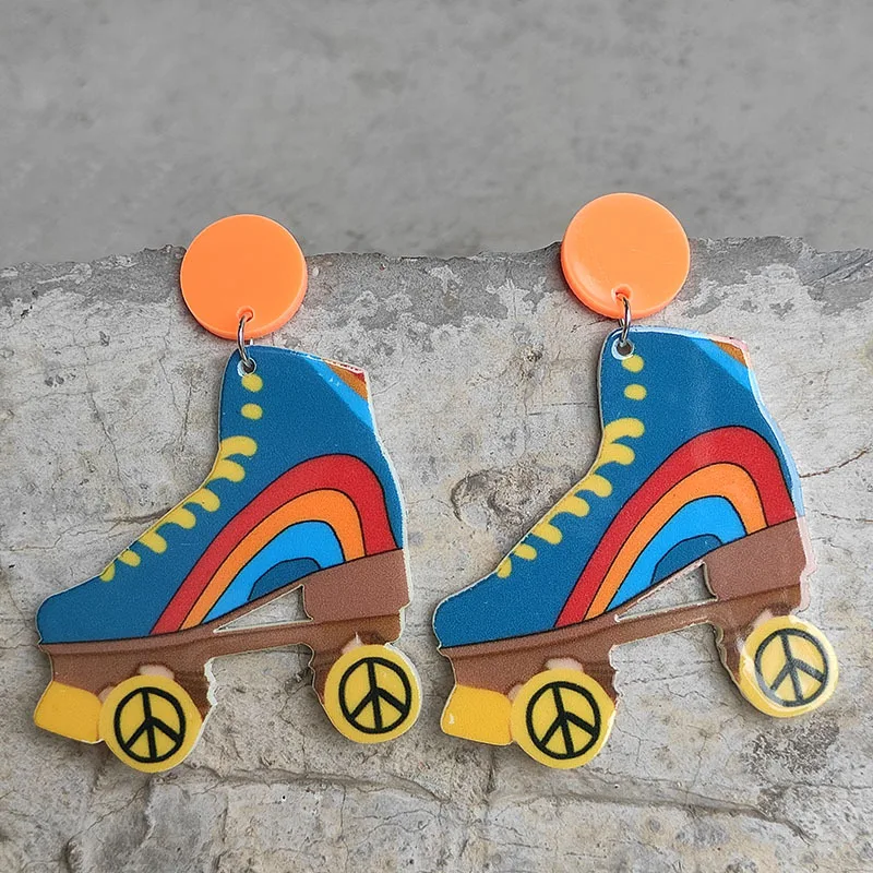 Fashion Earrings Retro Roller Skating Shoes Earrings Rainbow Peace Smiley Face Flowers Bright Oil Acrylic earrings Earrings Hot