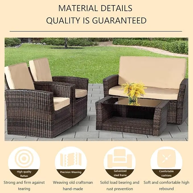 4 Pieces Patio Conversation Set, Outdoor PE Rattan Wicker Sofa Furniture Set w/ Soft Cushions & Glass Coffee Table for Backyard