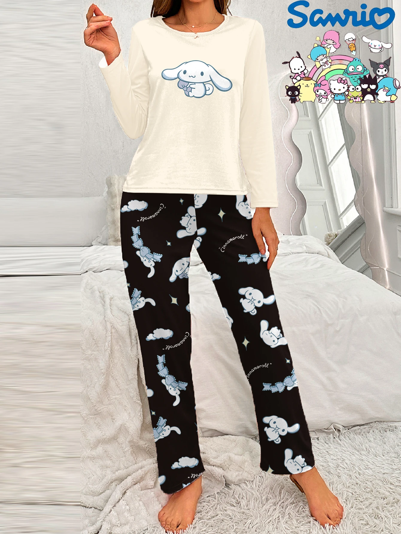 مجموعة ملابس منزلية من Sanrio Yugui Dog بأكمام طويلة ورقبة دائرية وكرتونية لطيفة كاجوال