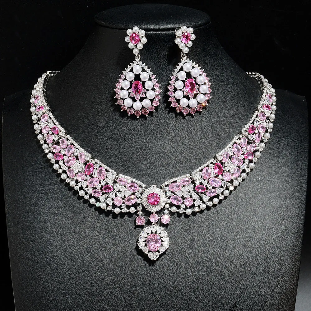 

New Vintage Gorgeous Gentle Women Costume Accessories Pink Jewelry Necklace Earring Set Wedding Holiday Everyday Gift M-1006