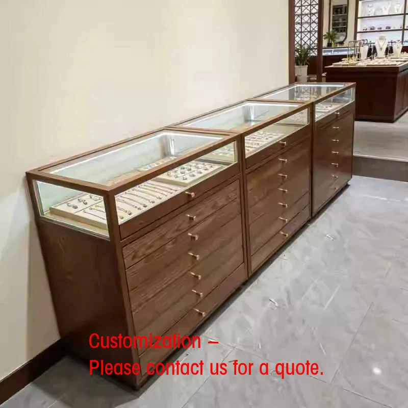 custom.Lockable Wooden Jewelry Counter Necklace Showcase with LED Lights Glass Display Showcase Jewelry Shop Boutique