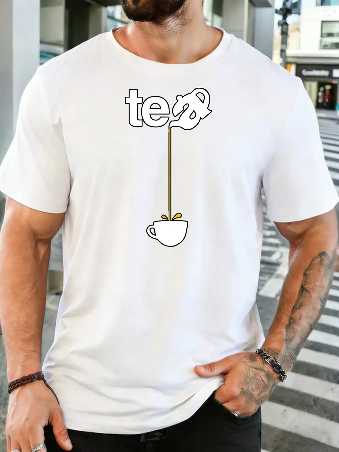 Minimal Tea Pot Cup Letter Graphic Mens Soft Cotton Round Neck Short Sleeve Tshirt Loose Tea Lover Casual Daily Streetwear Tee