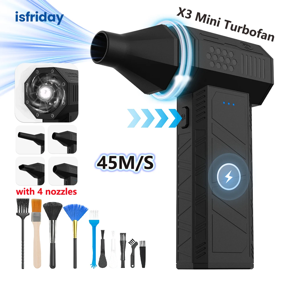 

X3 Mini Air Blower with 4 Nozzles 110000RPM Turbo Violent Fan 45m/s High-speed Turbo Jet Fan Car Dust Blowing Brushless Motor