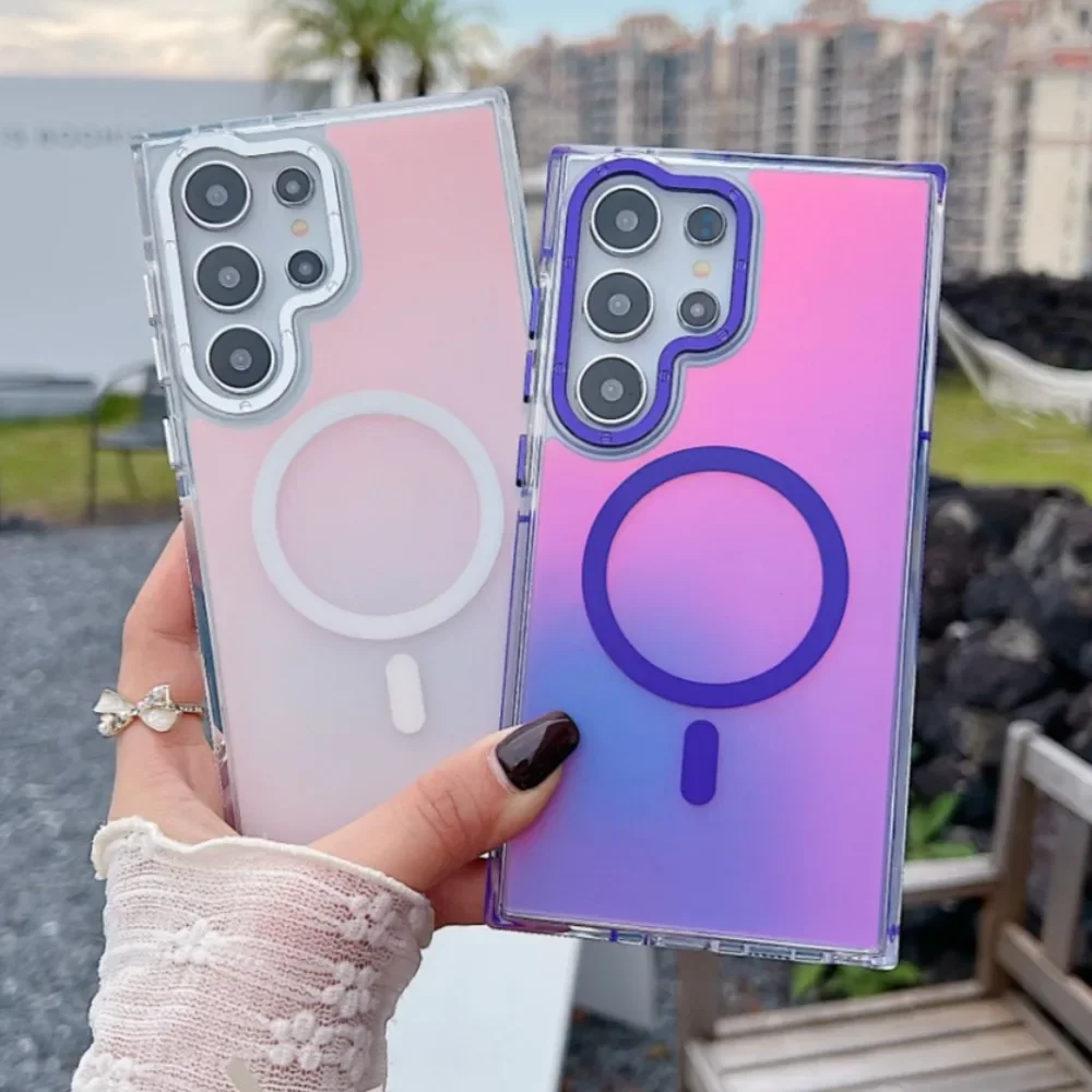 

Чехол MagSafe с металлическими линзами для Samsung Galaxy S25 S24 Ultra S23 Plus S22 S21 A53 A54 A55, беспроводная зарядка, обесцвеченный чехол