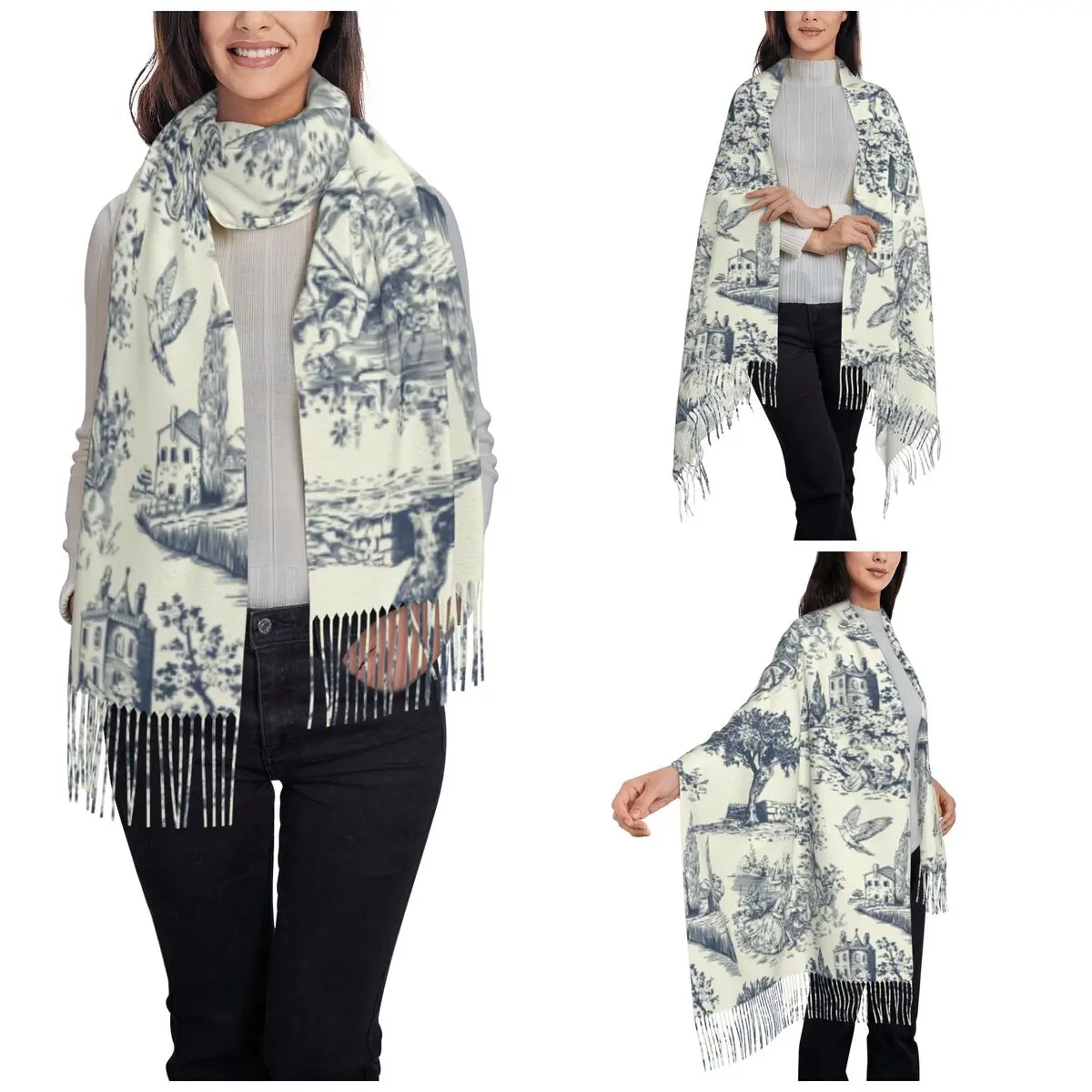 France Country Life Toile De Jouy Style Scarf for Womens Winter Warm Pashmina Shawl Wrap Elegance French Shawl Scarf Daily Wear