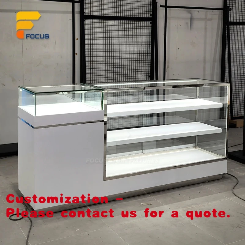 custom.White Commercial Glass Showcase Cabinet Bright LED Layered Shelving Retail Store Display Fixture Custom Design