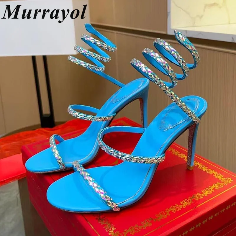 

New Rhinestone Decor Thin High Heels Sandalias Women Ankle Snake Shaped Strap Entanglement Sandals Summer Dress Shoes Pumps