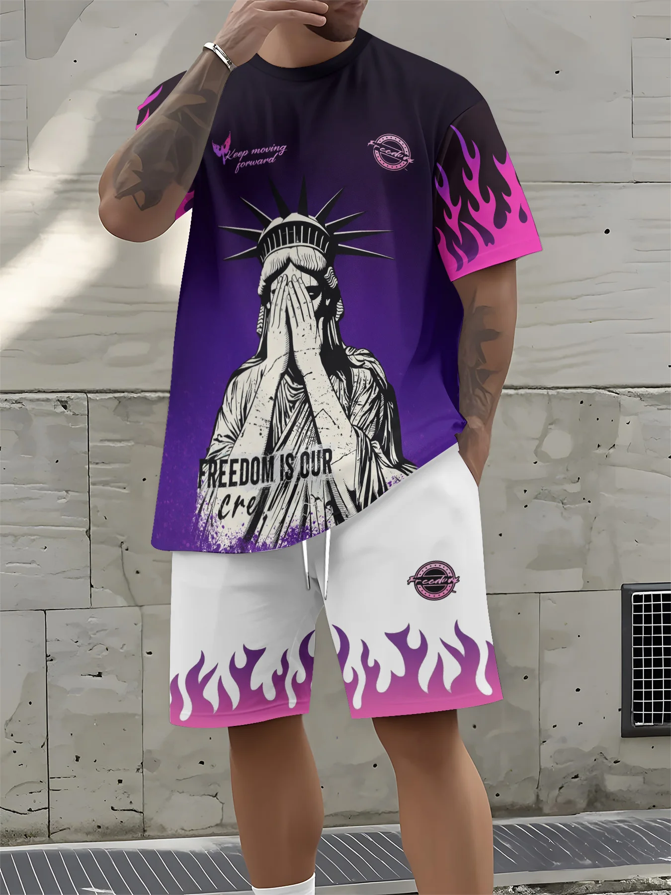 

2026 Summer New Men's Short-Sleeved Shorts Set with 3D Angel Pattern Print for Street Casual Fashion Comfortable and Soft