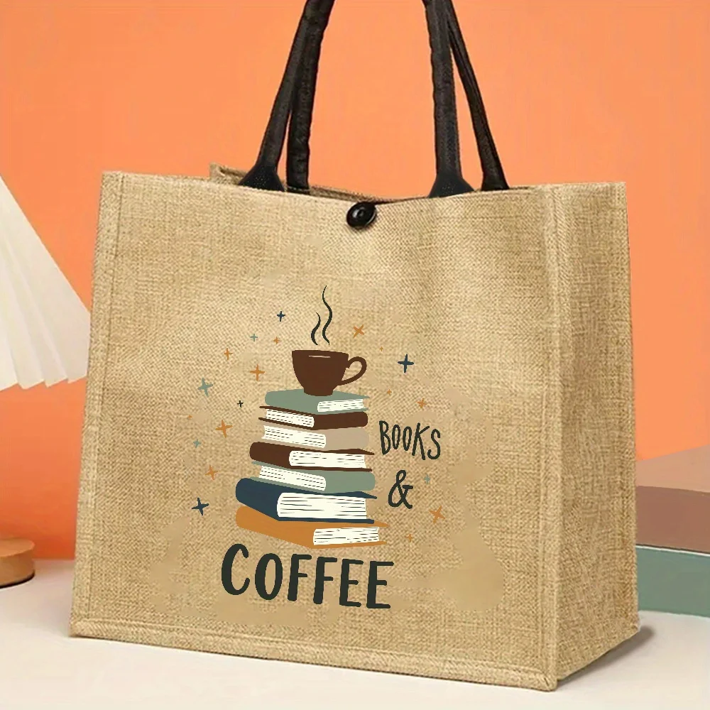 

Large Capacity Jute Tote Bag "Books & Coffee" Print Durable & Reusable Grocery Bag, High-Quality Shoulder Bag for Coffee Lovers