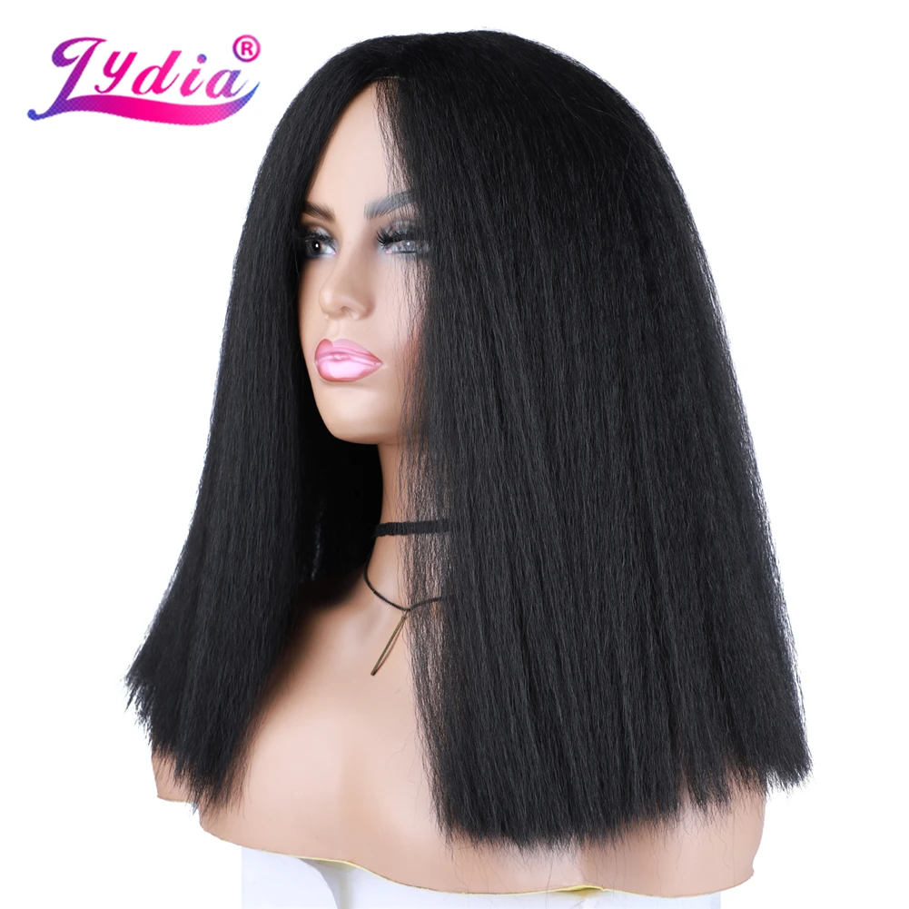 Lydia Synthetic 15Inch Wigs Kinky Straigt Neat Hair Kanekalon Heat Resistant African American With Skin Topper Full Daily Bob