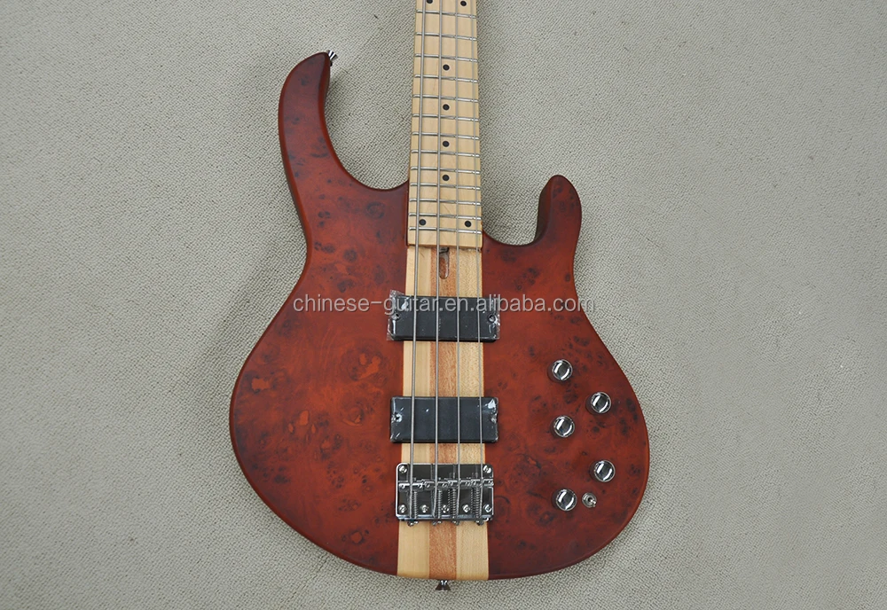 Flyoung Factory Custom Burl Maple Veneer Bass Neck Through Body Electric Bass 4-string Bass Guitar