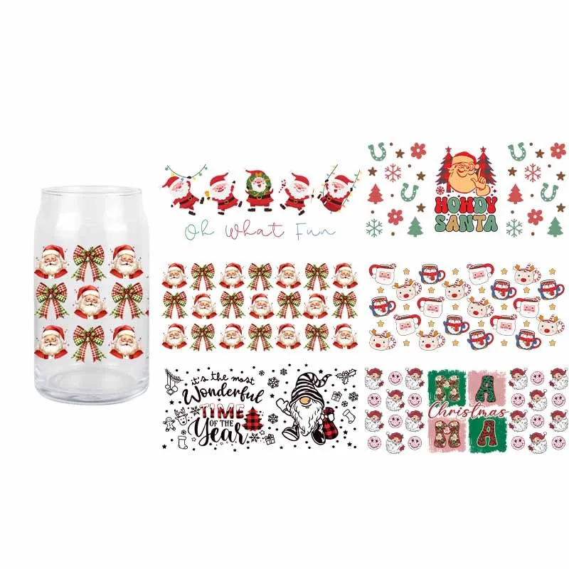 3D Christmas Transfer Santa Claus Sticker 16 oz Glass Cup High Quality UV DTF Sticker Waterproof Durable Cartoon Decals