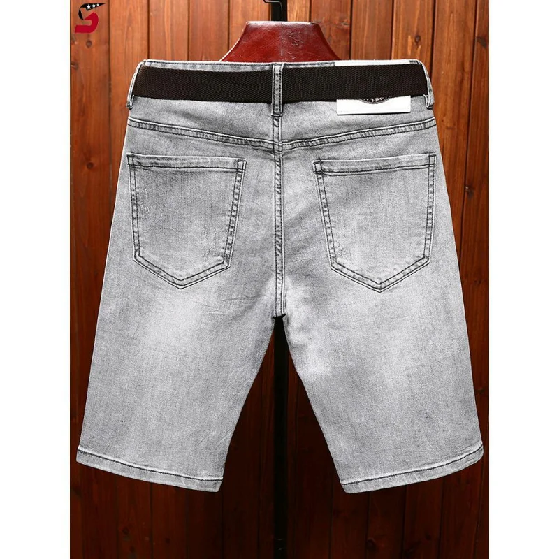 Celana denim musim panas pria, celana tinggi, modis, cetak, lurus, kasual, slim fit, celana panjang sedang, lima inci