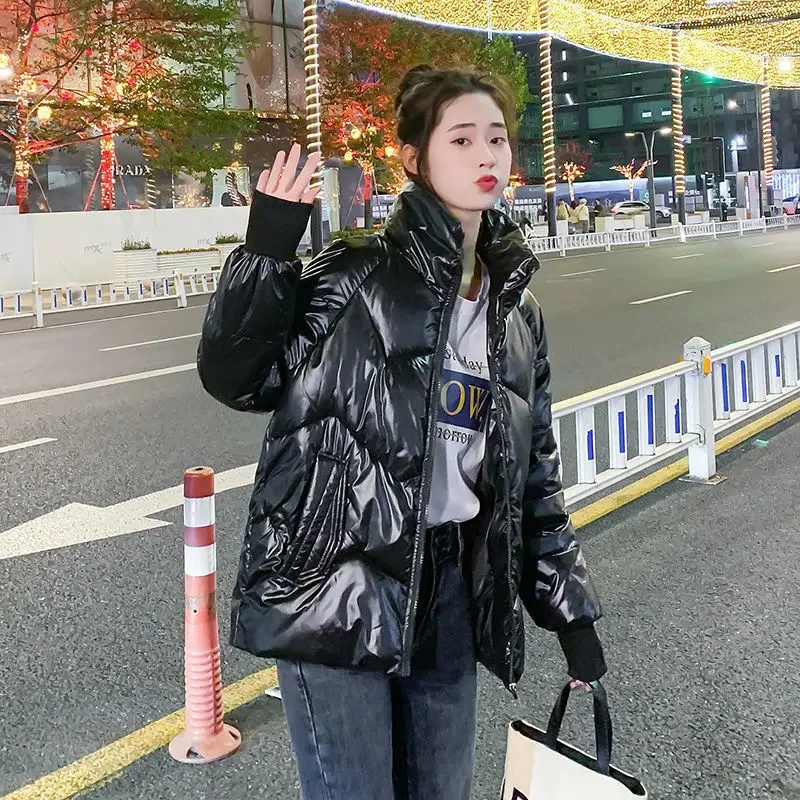 Women's cotton coat Short Stand-up collar 2021 New winter Korean version Glossy Loose Thicken Cotton puffer jacket ladies tide