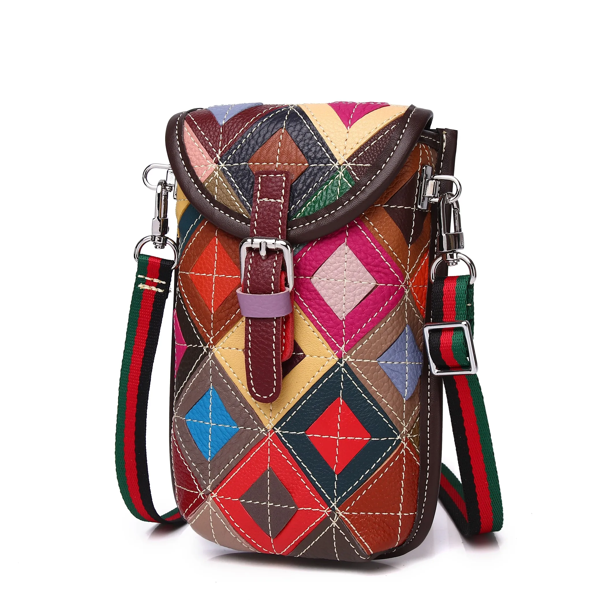  Ethnic Style Soft Leather Small Square Bag Mobile Phone Bag Casual Women's Bag Crossbody Shoulder Bag Magnetic Buckle Cl...