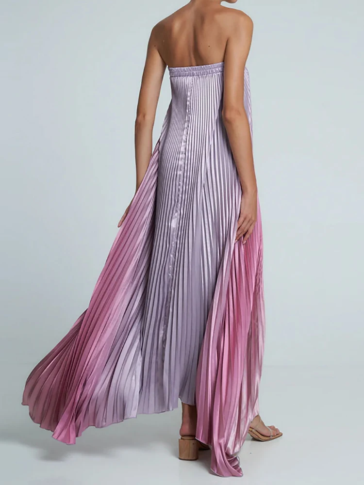 Sommerurlaub Farbverlauf Patchwork Maxikleid, Damenmode trägerloses elegantes Partykleid, ärmelloses einfaches schickes Damenkleid