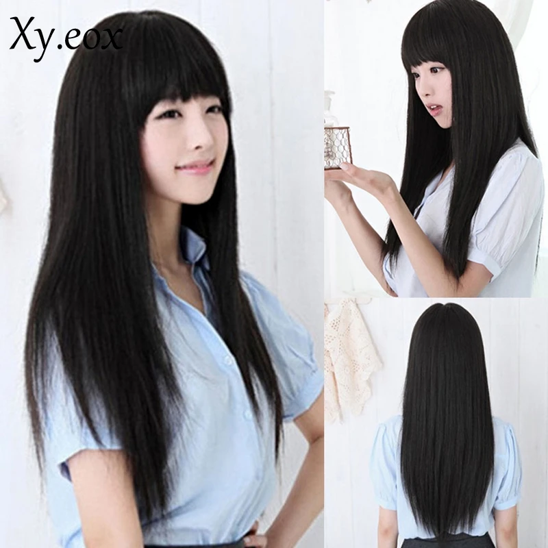 

60cm Fashion Women Black Long Straight Neat Bang Hair Natural Full Wigs