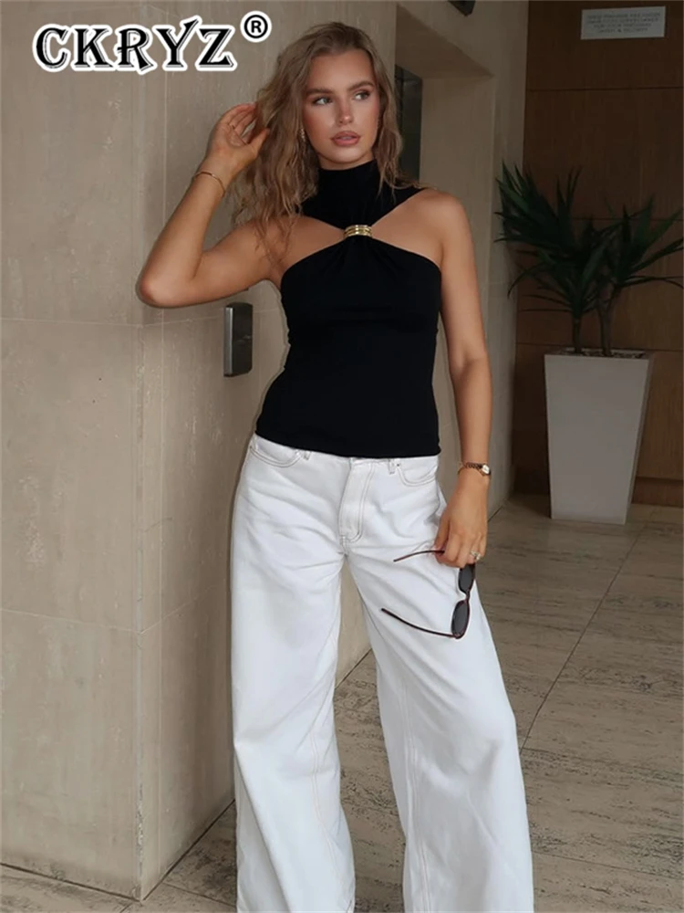 Ladies Turtleneck Basic Knit Tank Tops Women Vest Pullovers Metal Ring Camisole Sleeveless Skinny Knitted Tops Y2K Cropped Top