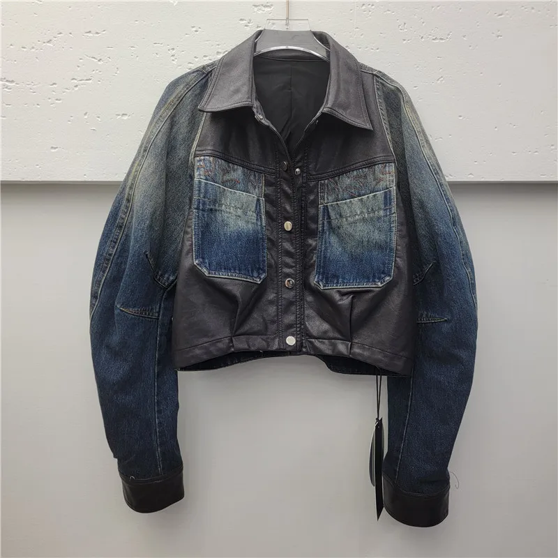 

Женская джинсовая куртка в стиле ретро, осень 2022, короткая байкерская куртка из искусственной кожи в стиле пэчворк, топ