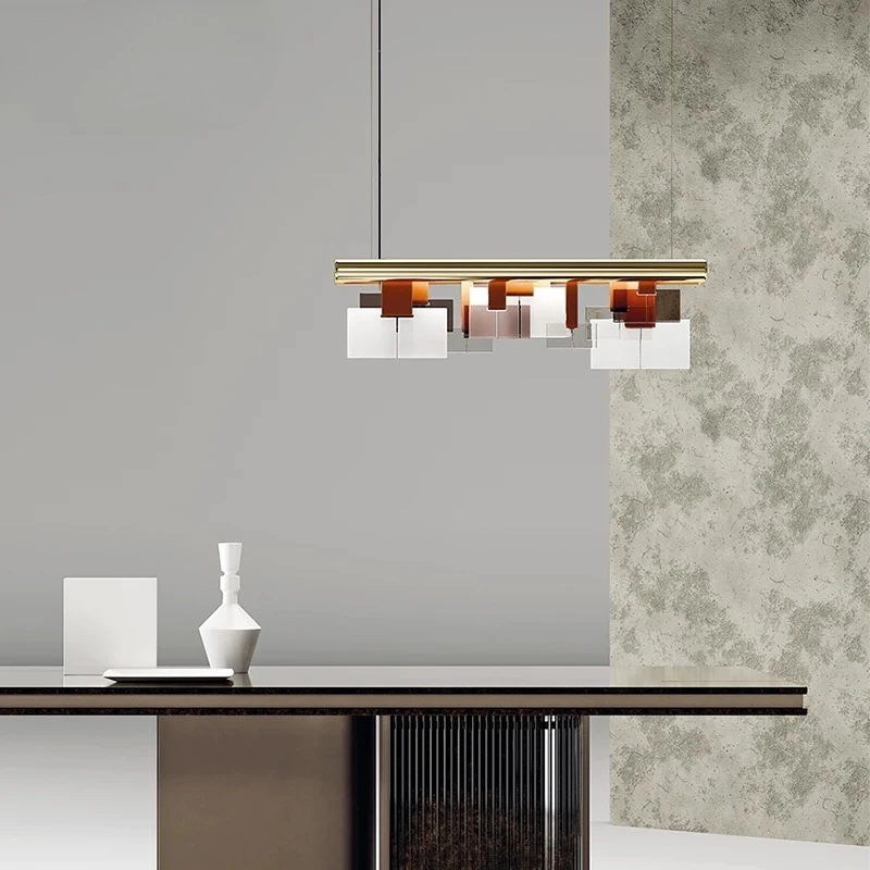 Modern Linear Layered Chandelier Gold  Acrylic Tiered Pendant Light Abstract Overlapping Panel LED Hanging Lamp for Kitchen