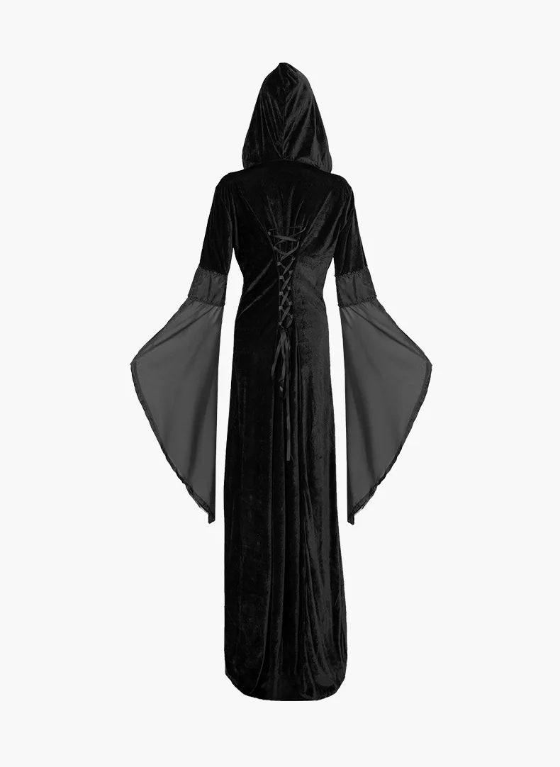 Retro medieval com capuz vestido de veludo emendado cosplay traje para as mulheres roupa halloween carnaval festa vitage roupas role play