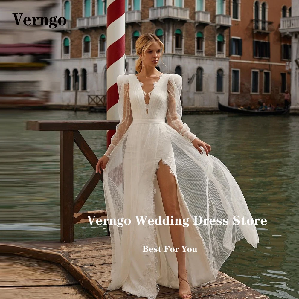 

Verngo Vintage Lace V Neck Boho Beach Wedding Dresses Puff Long Sleeves Side Split Floor Length Bridal Gowns Robe de mariage