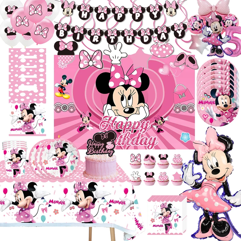 Disney Minnie Mouse Birthday Party Decorations Minnie Tableware Cup Plate Balloons Backdrop Baby Shower Birthday Party Supplies