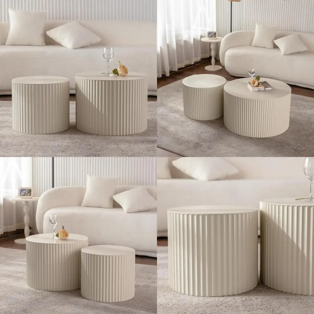 طقم طاولة قهوة متداخلة مستديرة مخططة على شكل موجة خشبية حديثة مكونة من 2، طاولات مركزية باللون البيج #1