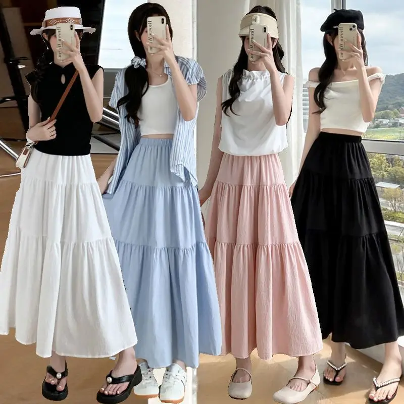 Women's Vintage High Waist Summer Long Skirt  Layered Cake Skirt, Office Commuter Women Loose A-line Pleated Skirt Summer Skirt