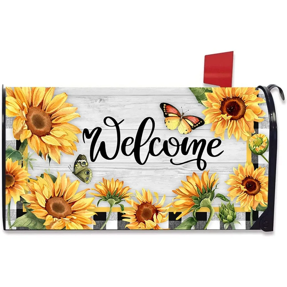 

Spring Summer Welcome Floral Mailbox Cover Magnetic Standard 21" x 18", Sunflower Butterfly Decorative Flower Buffalo Plaid Fall