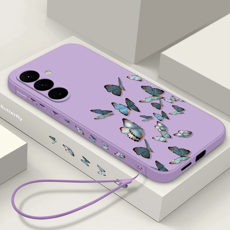 Butterfly Print Lanyard Case For Samsung Galaxy A54 A55 A35 A25 A15 5G A53 A52 A14 A34 S20 S21 FE S22 S23 S24 Ultra Soft Cover