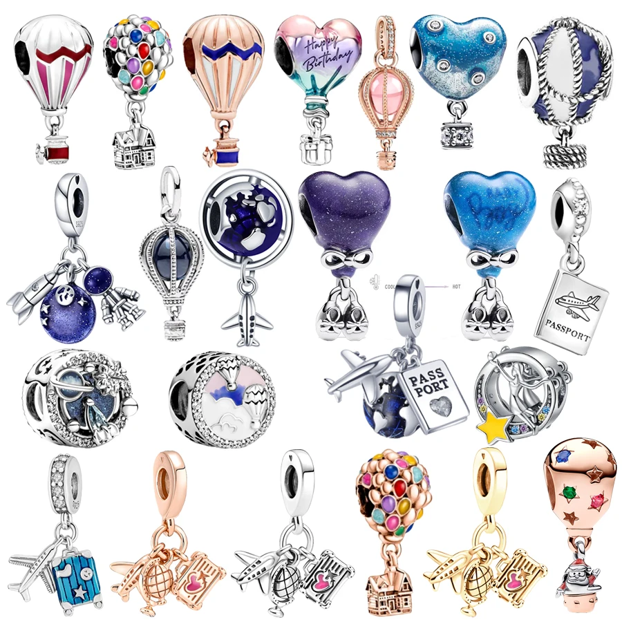 스파클링 글로드 열기구 댕글 비행기 갤럭시 댕글 참 비즈 핏, 오리지널 925 스털링 실버 팔찌, 쥬얼리 선물
