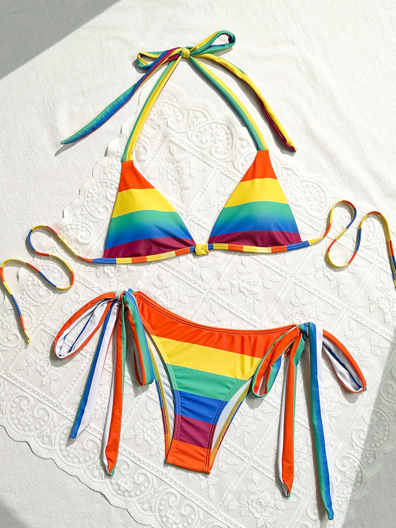 Seksowne tęczowe paski Halter Strappy Bikini damski strój kąpielowy damskie stroje kąpielowe dwuczęściowy zestaw bikini kąpiący strój kąpielowy pływać