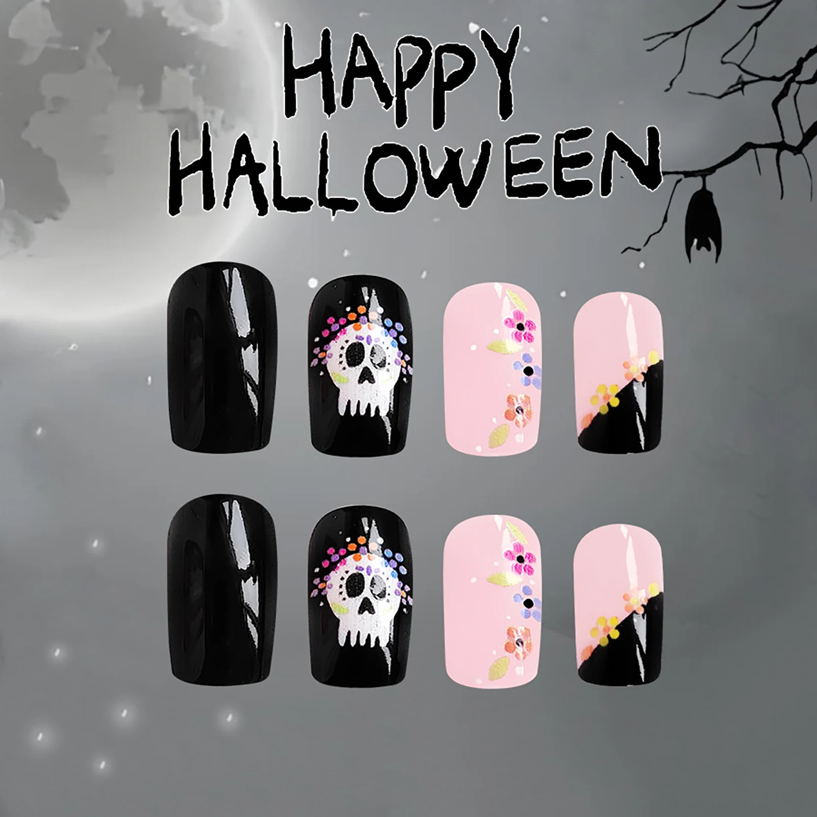 Women Full Cover Artificial Nail Square Halloween Style False Nails for DIY At-Home Manicure Kit