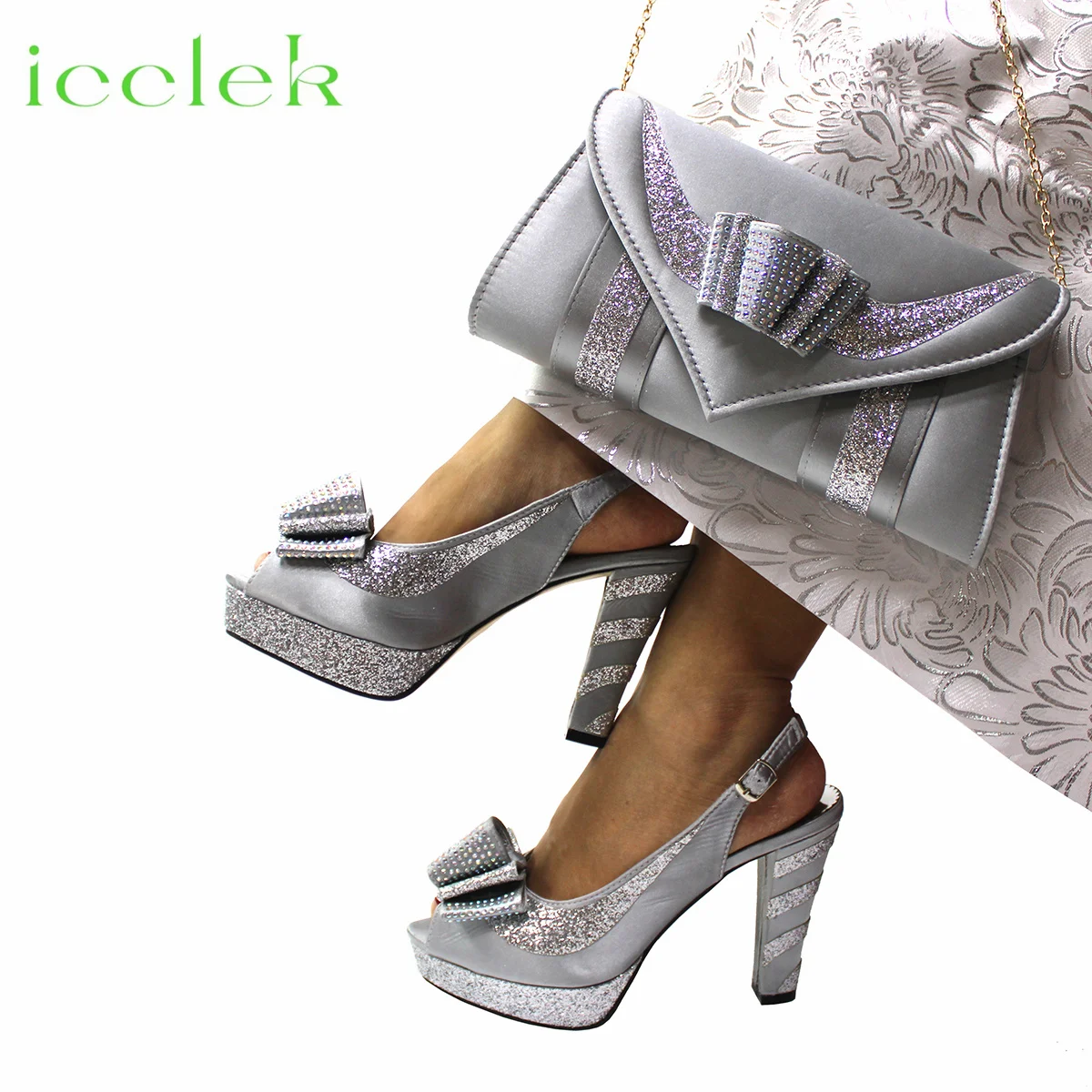 2024 Silver African Women\'s Bridal Wedding Platform Comfort High Heel Sandals Lady Pump Matching Shoes and Bag Set for Party