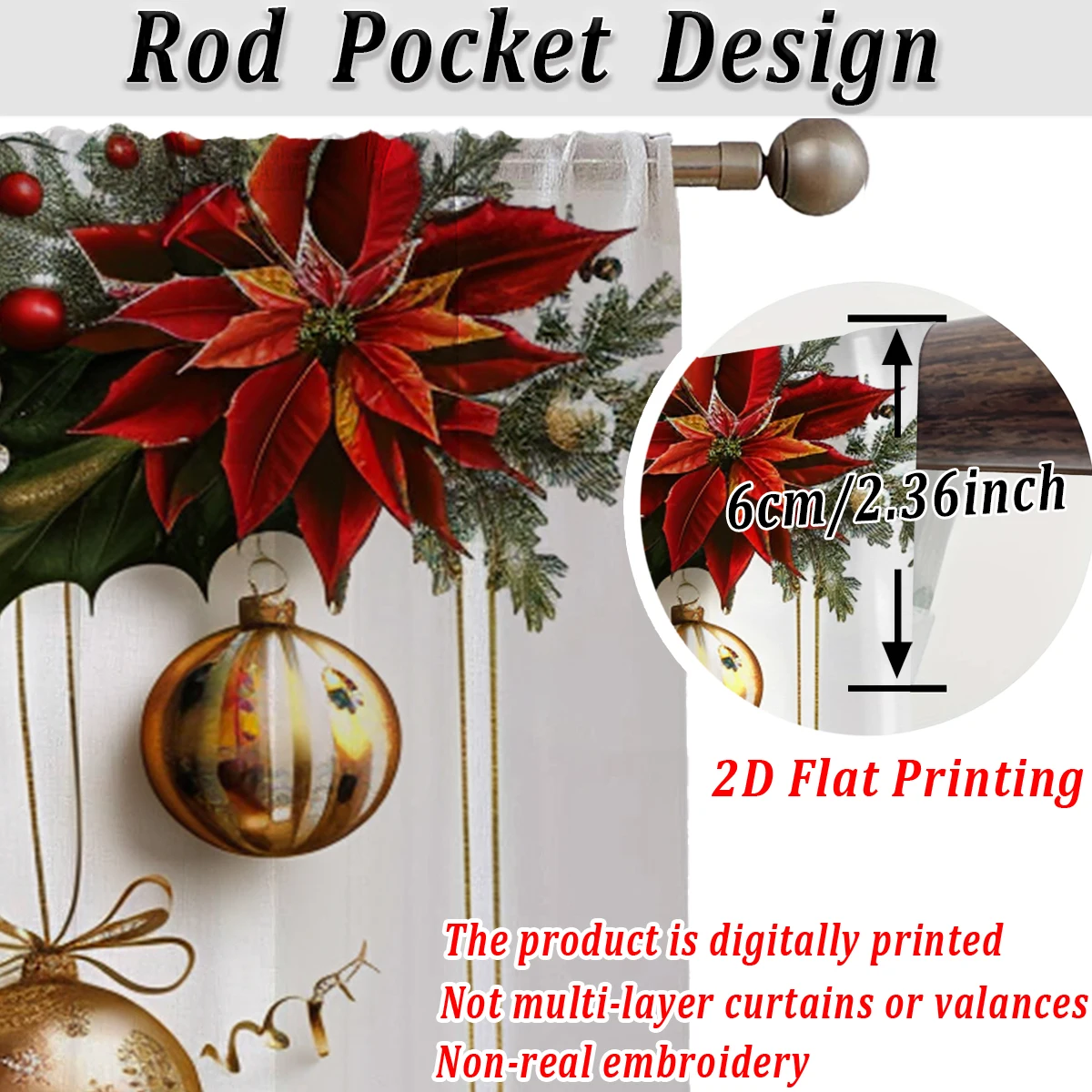 Christmas Flat Printing Sheer Curtain with Christmas for Living Room Bedroom Decor Holiday Party