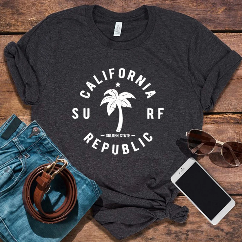 

California T-shirts Women Surf Beach Tshirt Casual Tops Hawaii Coconut Trees Graphic T Shirts Vintage L