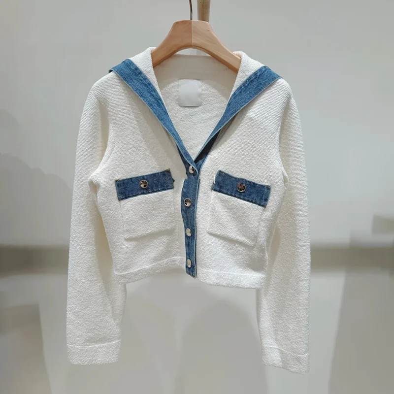 

White Navy Collar Patchwork Denim Long Sve Knitted Sweater Commute Sle Spring Collection Women's Faion Knitwear